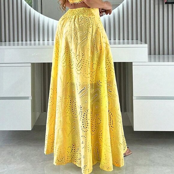 Yellow Elegant Women's Floral Hollow Out Full Embroidery A-Line Maxi Skirt - Picture 5 of 10